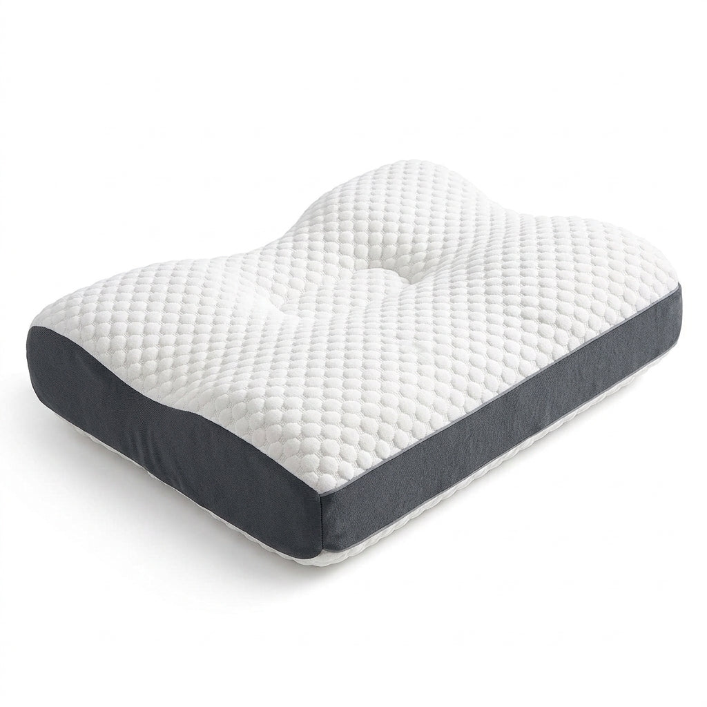 Almohada cervical ergonómica, vista en ángulo mostrando el contorno de soporte