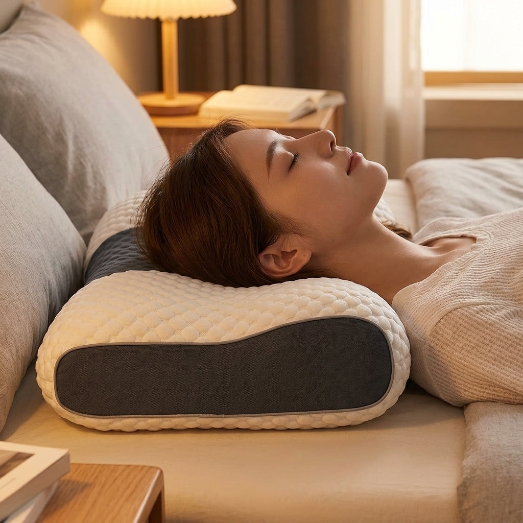 Mujer durmiendo con almohada cervical, alineación natural del cuello