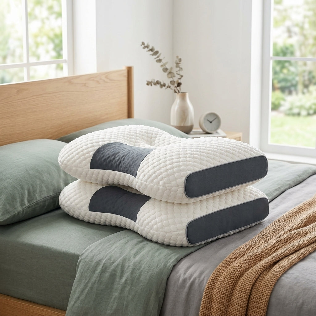 Par de almohadas cervicales sobre la cama, listas para un descanso reparador