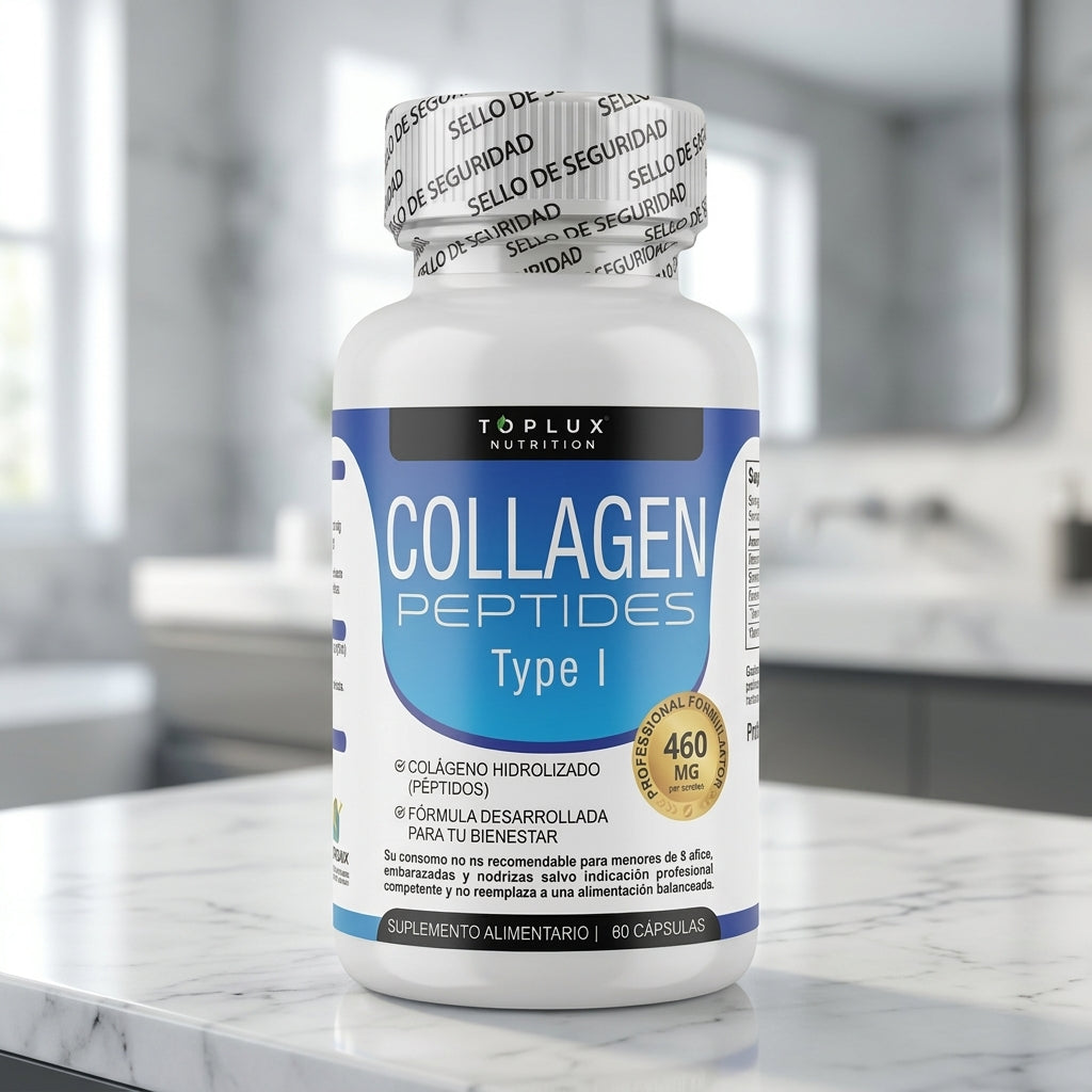Péptidos de Colágeno Hidrolizado, frasco en baño de mármol