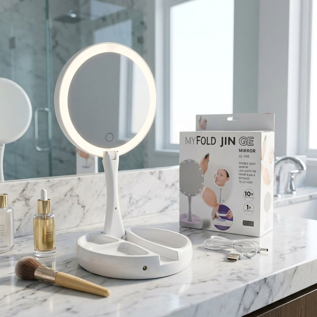 Espejo doble LED completo con caja, cable USB y accesorios