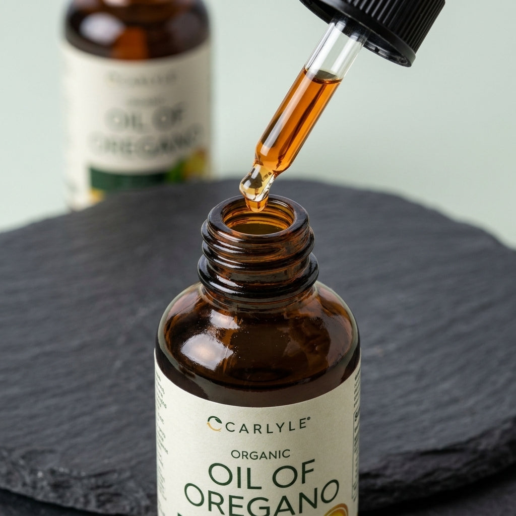 Aceite de Orégano en Gotas Carlyle con sello de apoyo al sistema inmunológico