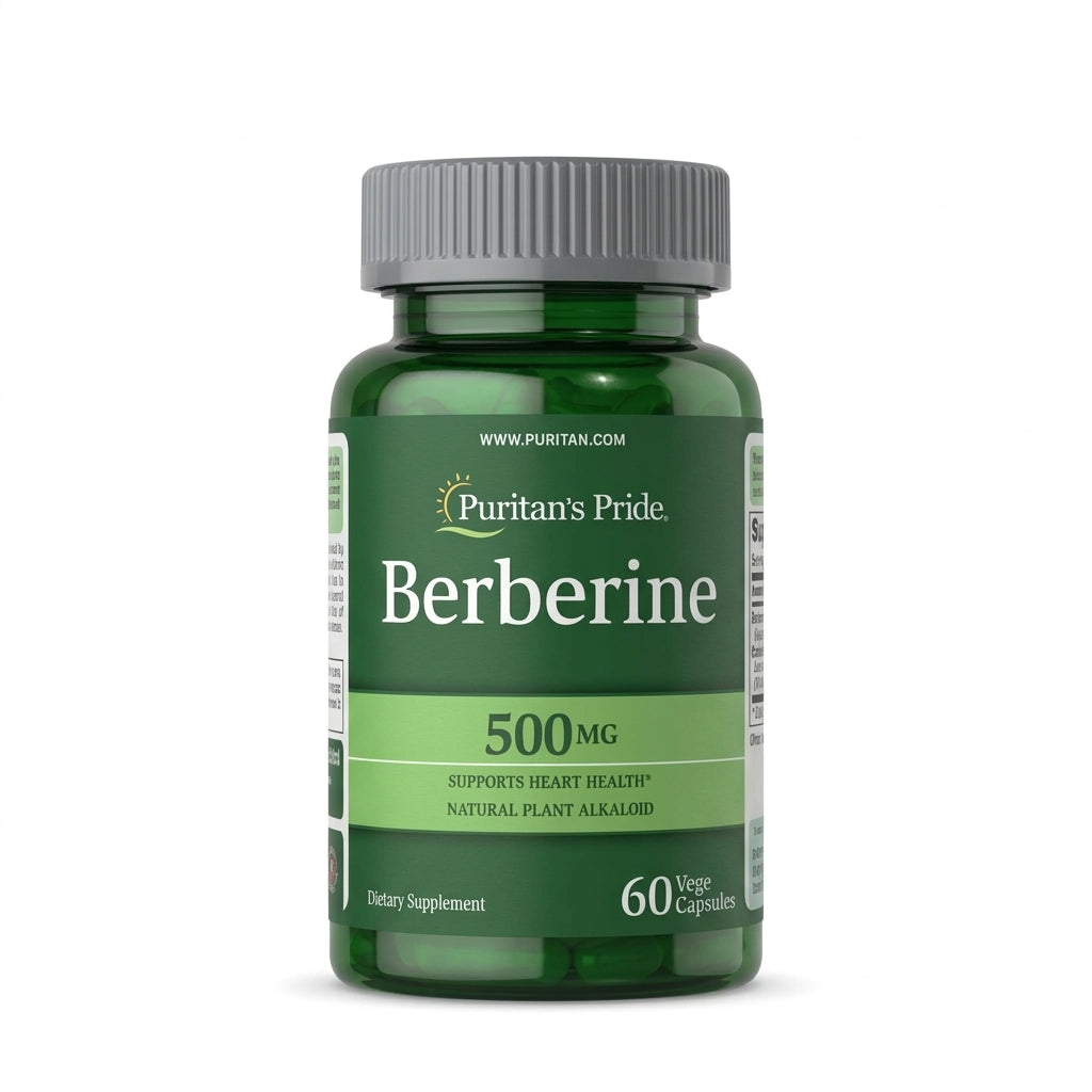 Berberina Pura 500mg (Puritan's Pride) - vista frontal del envase sobre fondo claro