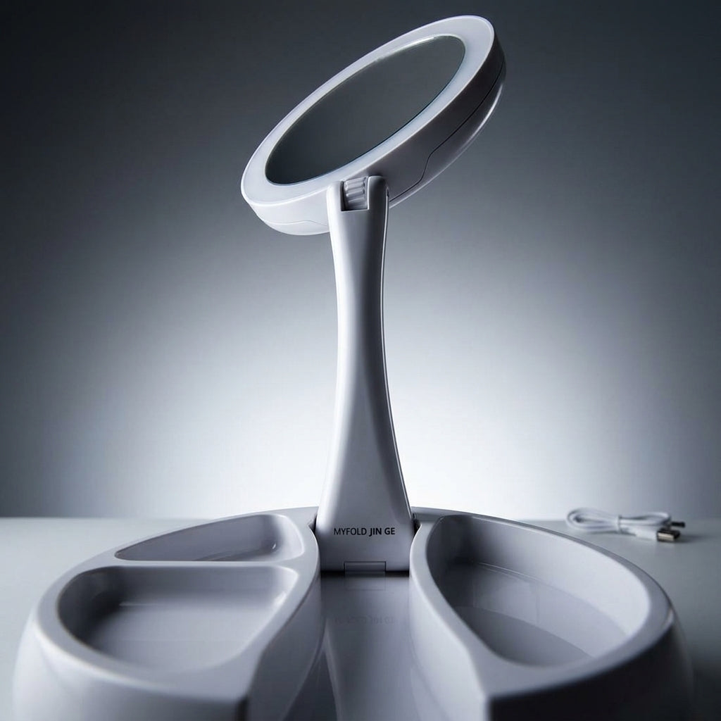 Espejo doble LED en tocador junto a brochas de maquillaje