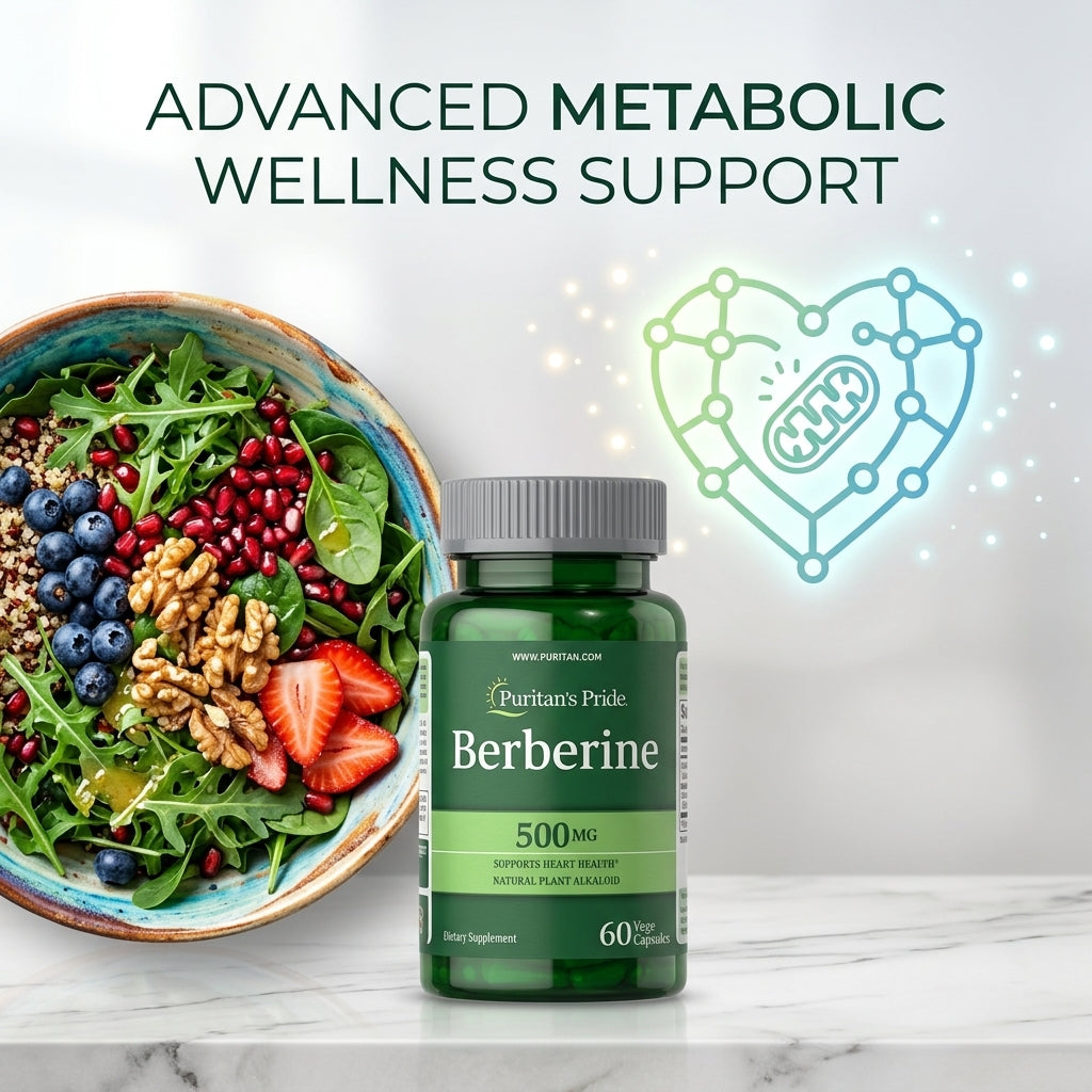 Berberina Pura 500mg - apoyo metabólico avanzado, junto a un bowl de alimentos saludables