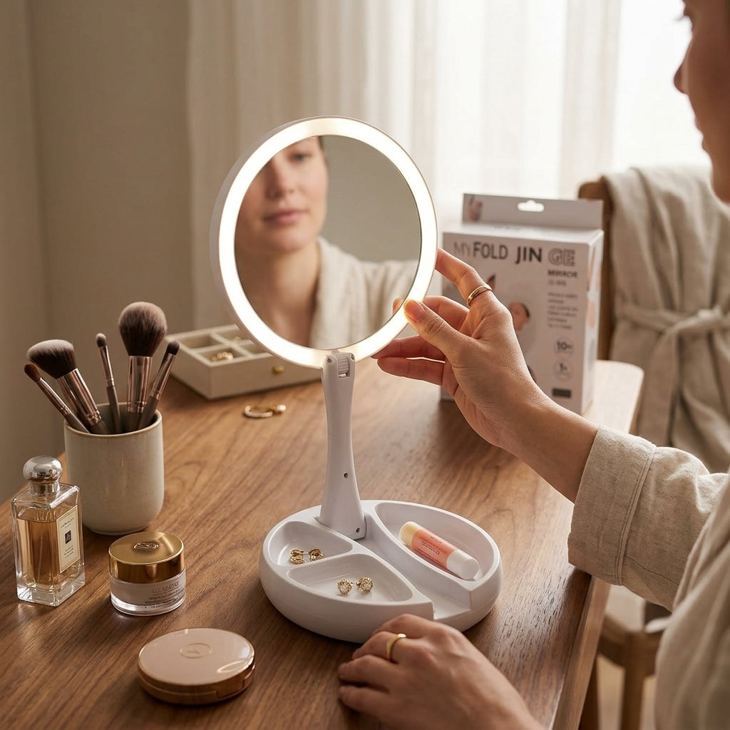 Mujer usando el espejo doble LED en su tocador junto a joyas y skincare