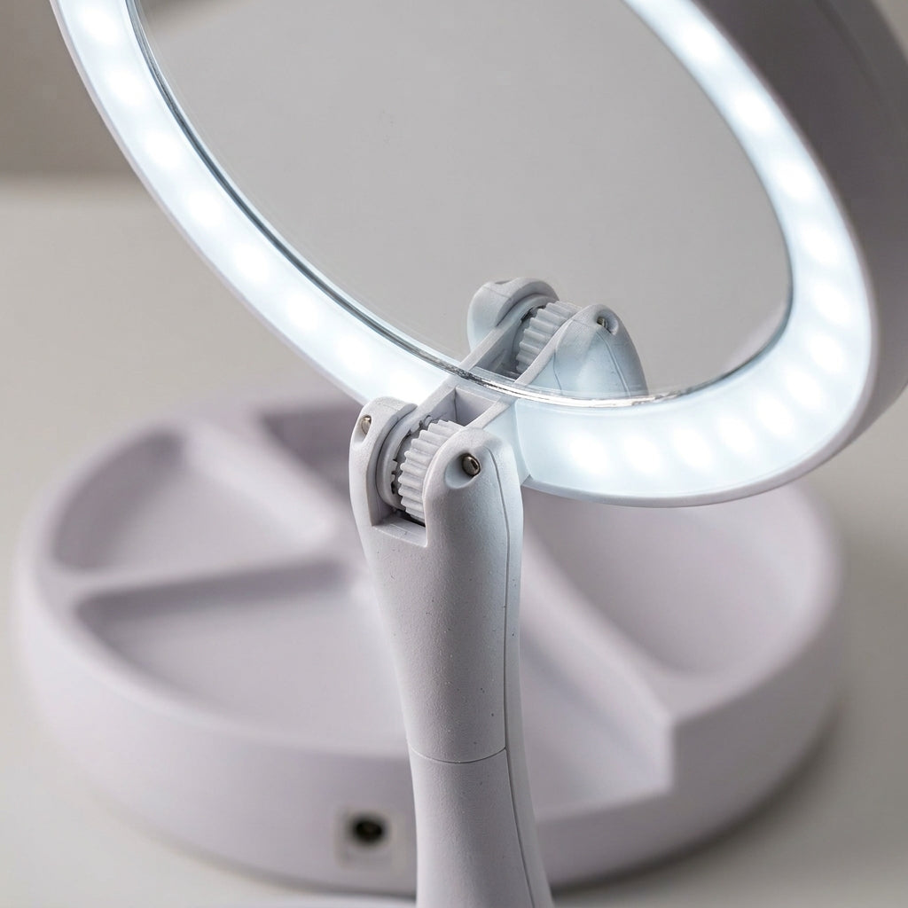 Uso del espejo doble LED con aumento x10 reflejando el rostro