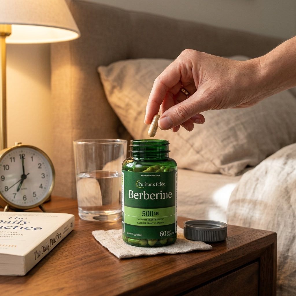 Persona tomando una cápsula de Berberina Pura 500mg en su velador, rutina nocturna
