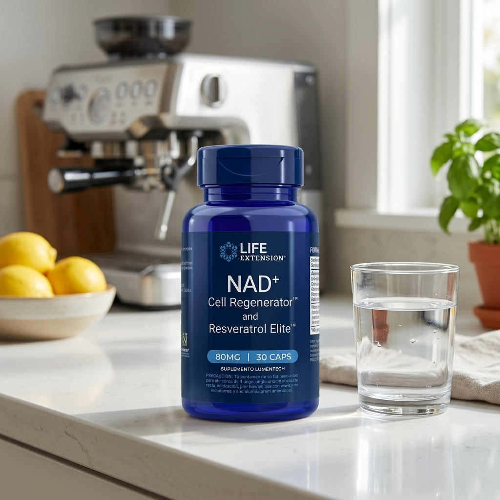 NAD+ Cell Regenerator y Resveratrol Elite Life Extension en mesón de cocina