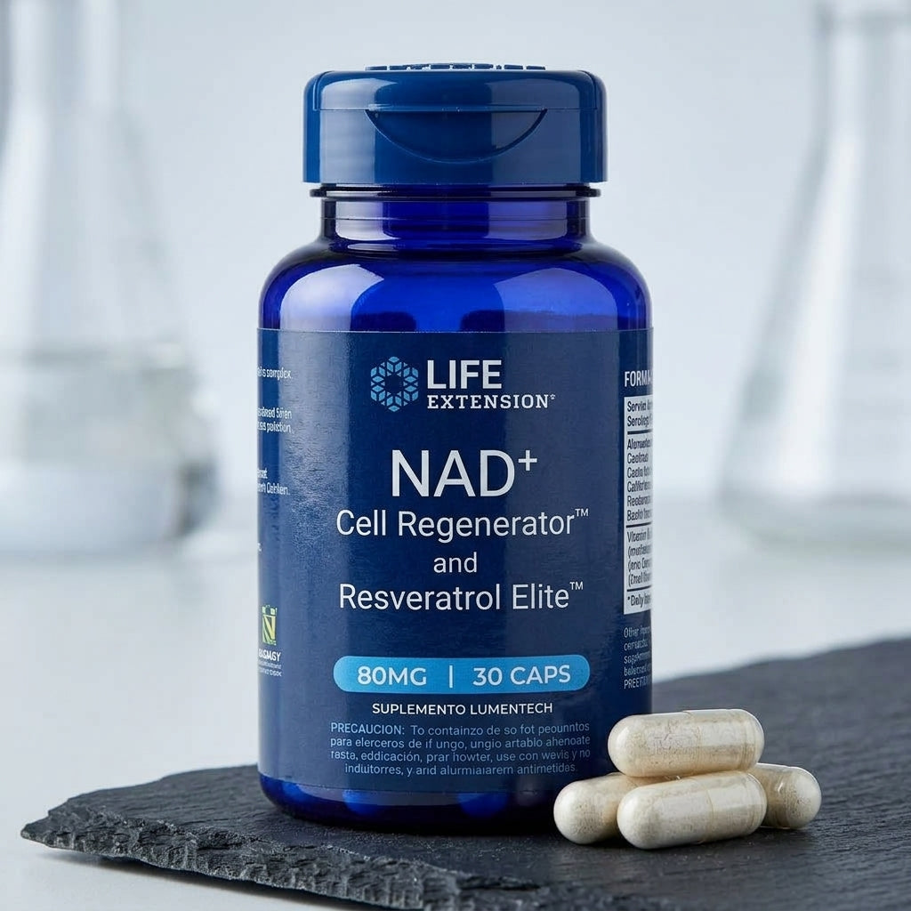 NAD+ Cell Regenerator y Resveratrol Elite Life Extension junto a cápsulas