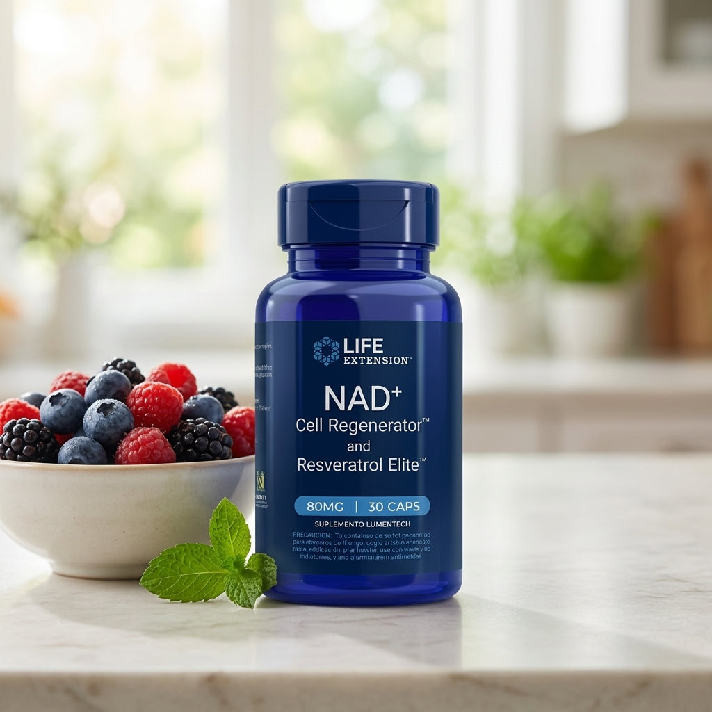 NAD+ Cell Regenerator y Resveratrol Elite Life Extension junto a frutos rojos