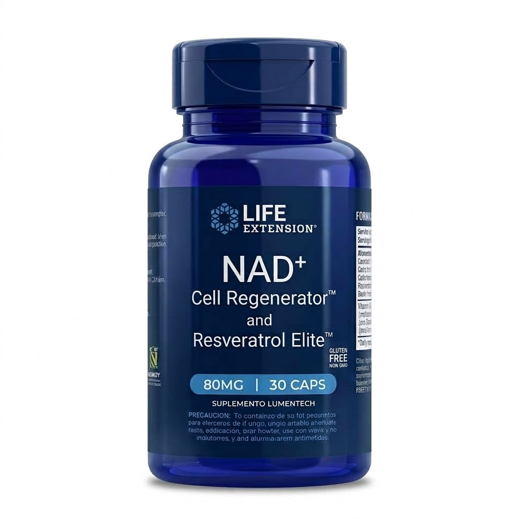 NAD+ Cell Regenerator y Resveratrol Elite Life Extension - vista frontal del envase
