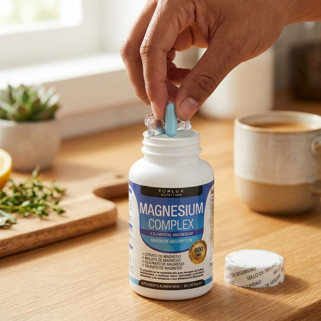 Magnesio Complex 600mg, mano tomando una cápsula en la cocina