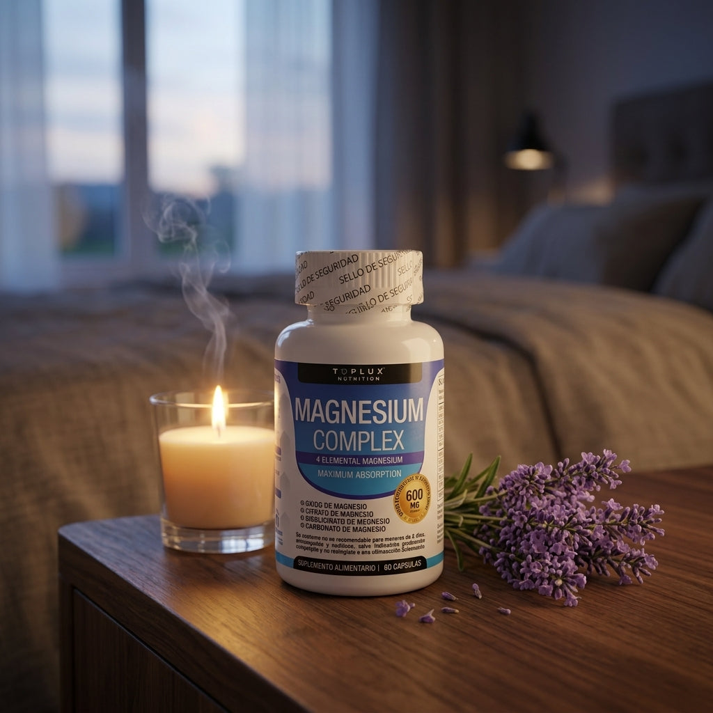 Magnesio Complex 600mg, frasco en el velador para el descanso nocturno