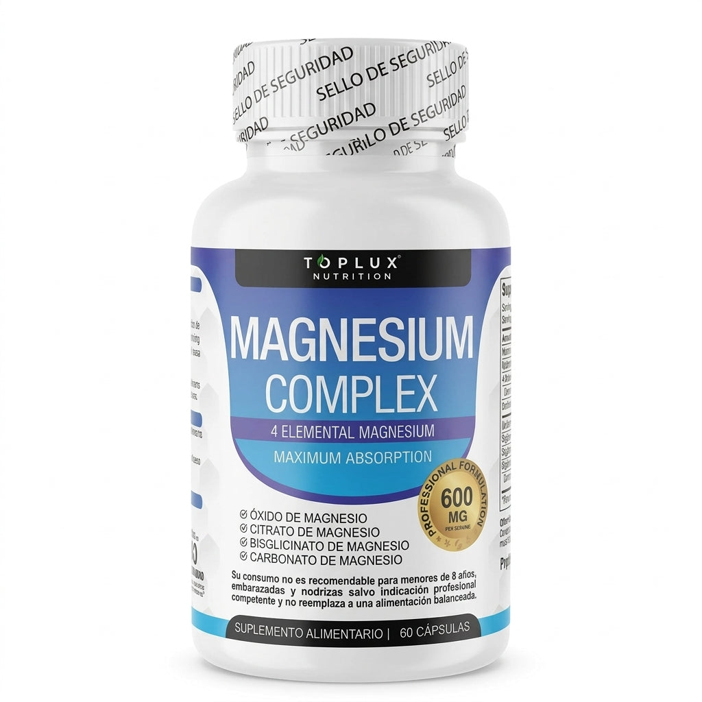 Magnesio Complex 600mg, frasco sobre fondo blanco, vista frontal