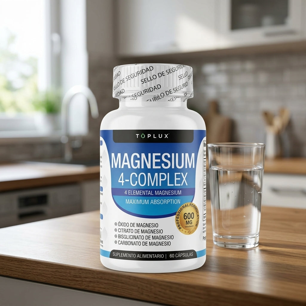 Magnesio Complex 600mg, frasco en la cocina junto a un vaso de agua