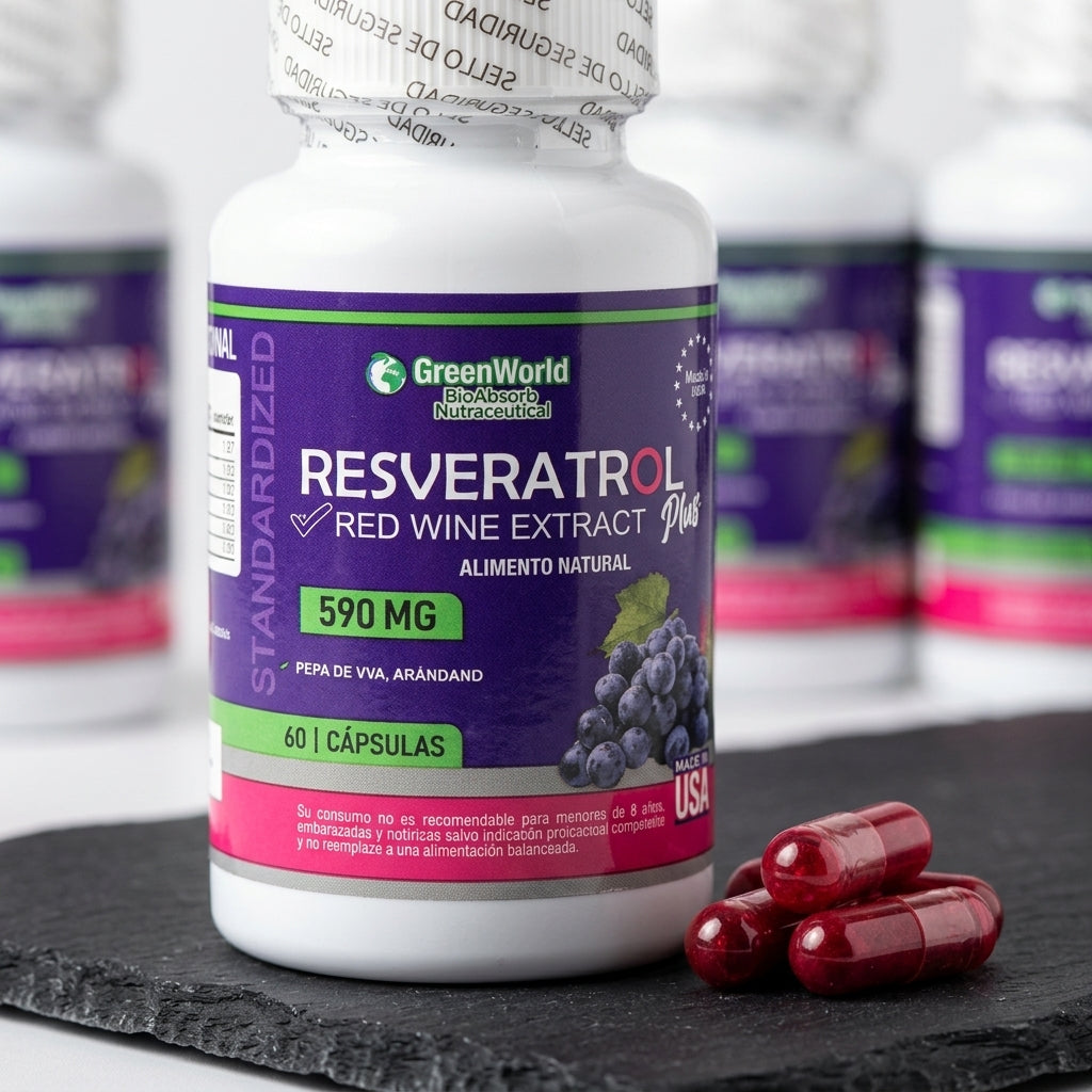 Resveratrol Puro 590mg, frasco con cápsulas de extracto de uva roja