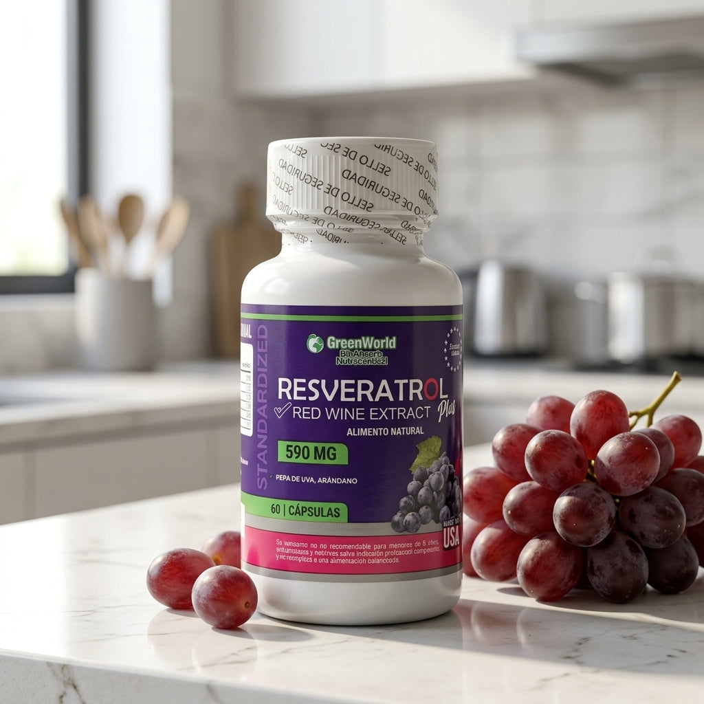 Frasco de Resveratrol Puro 590mg junto a uvas frescas en cocina