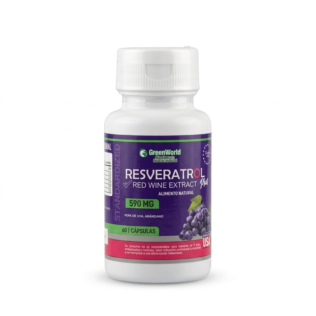 Resveratrol Puro 590mg, frasco sobre fondo blanco, vista frontal