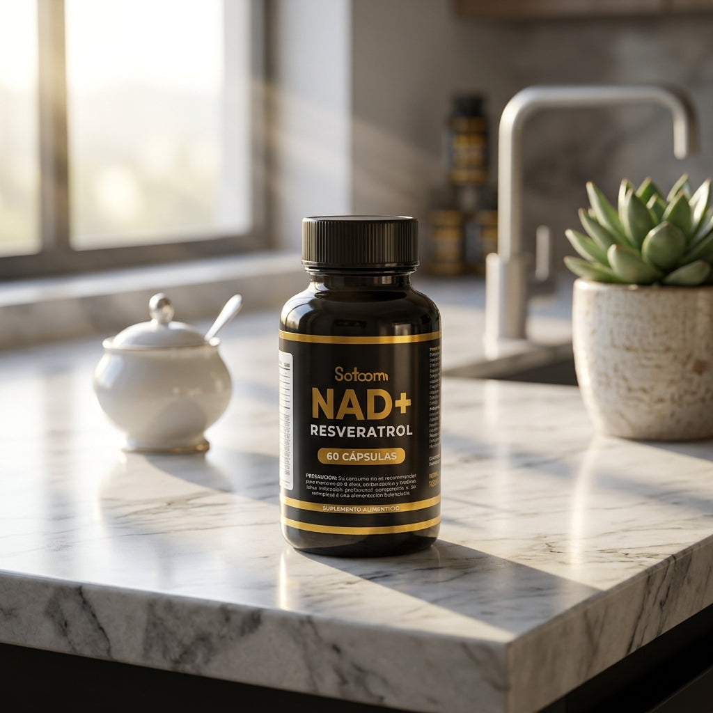 Resveratrol + NAD+ y Colágeno Satoomi en mesón de cocina