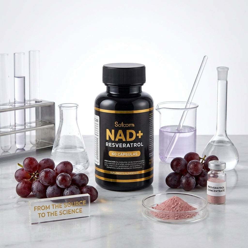 Resveratrol + NAD+ y Colágeno Satoomi junto a uvas y extracto de resveratrol