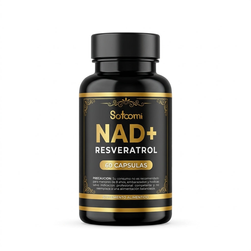 Resveratrol + NAD+ y Colágeno Satoomi - vista frontal del envase sobre fondo blanco