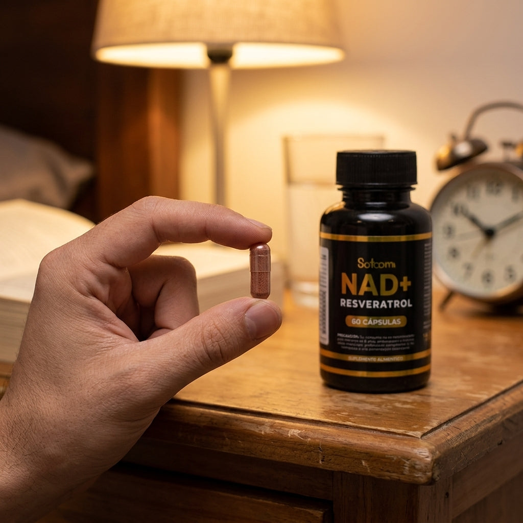 Persona tomando una cápsula de Resveratrol + NAD+ y Colágeno Satoomi en su velador