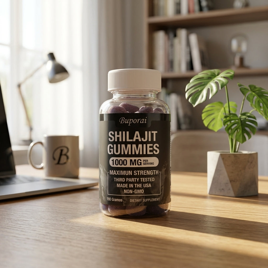 Gomitas de Shilajit en escritorio, uso diario