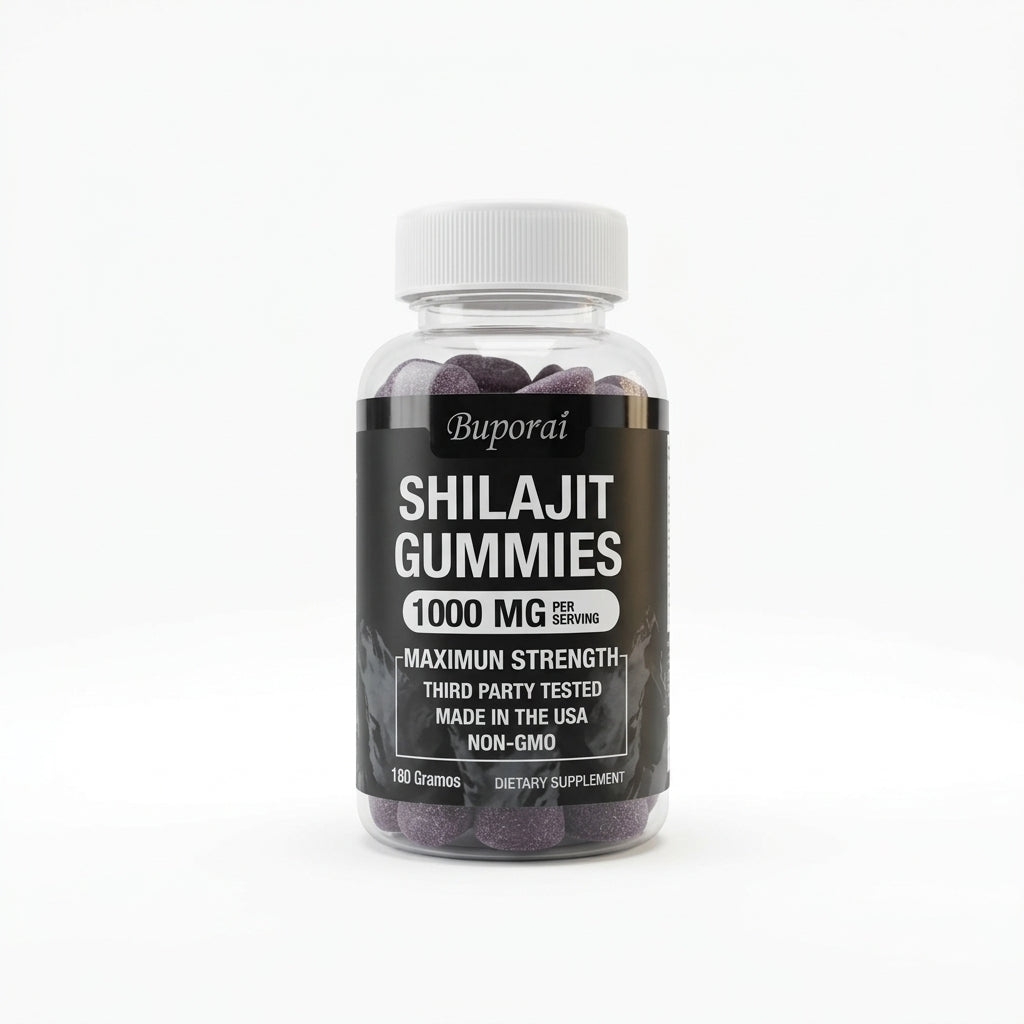 Frasco de gomitas de Shilajit sobre fondo blanco, vista frontal