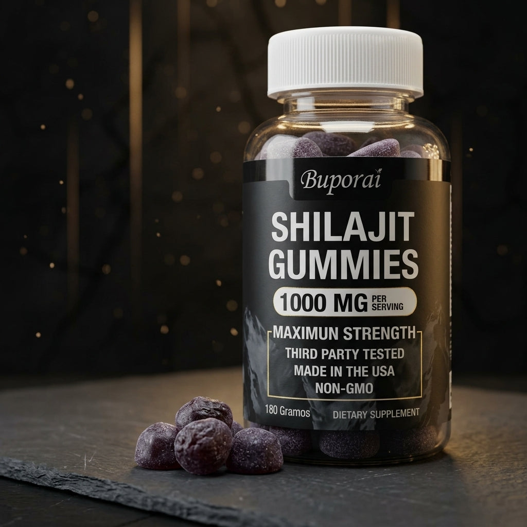 Gomitas de Shilajit con frasco sobre fondo oscuro, gomitas fuera del envase