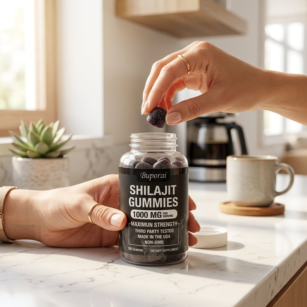 Mano tomando una gomita de Shilajit del frasco en la cocina