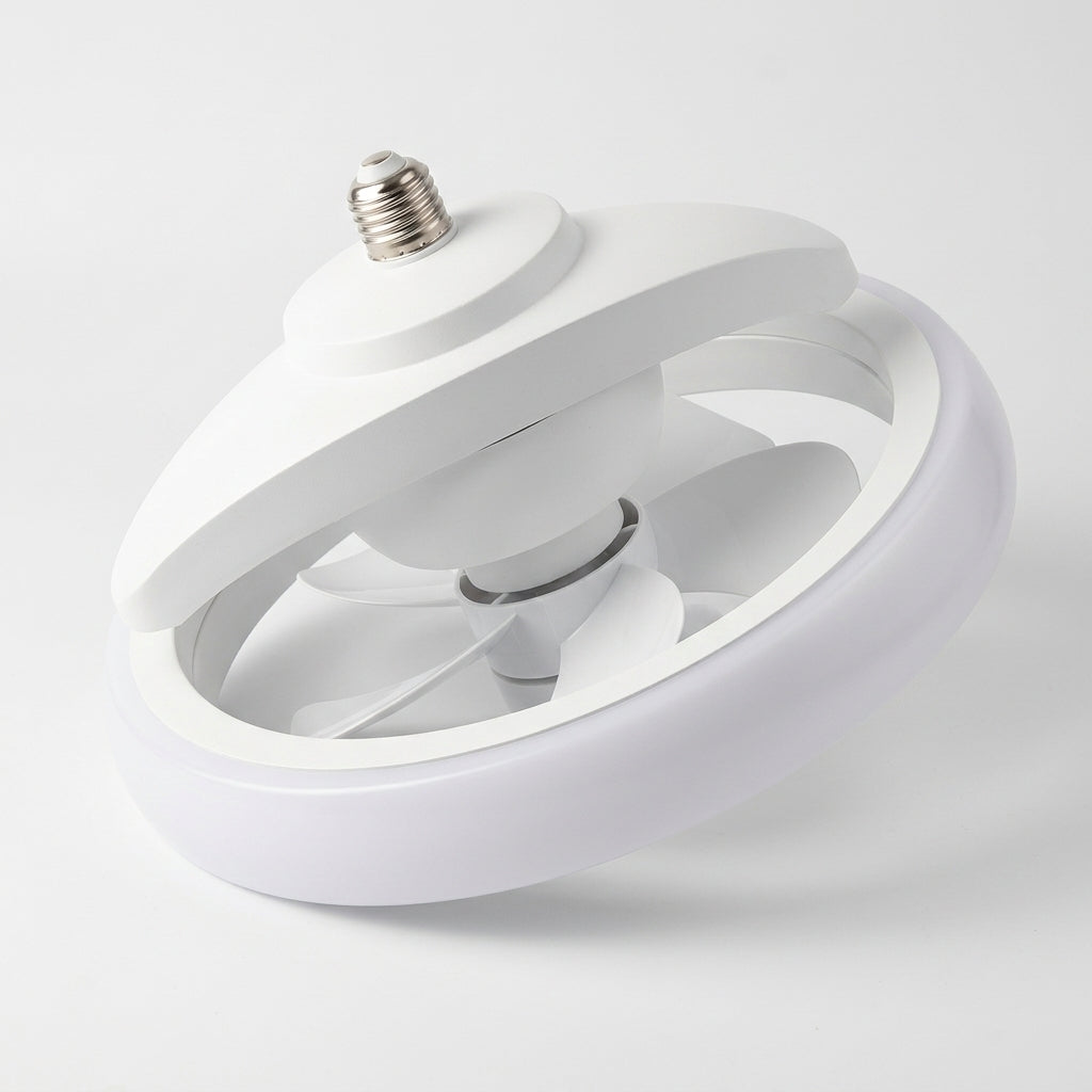 Ventilador de techo con luz LED RiXME, vista en ángulo mostrando las aspas